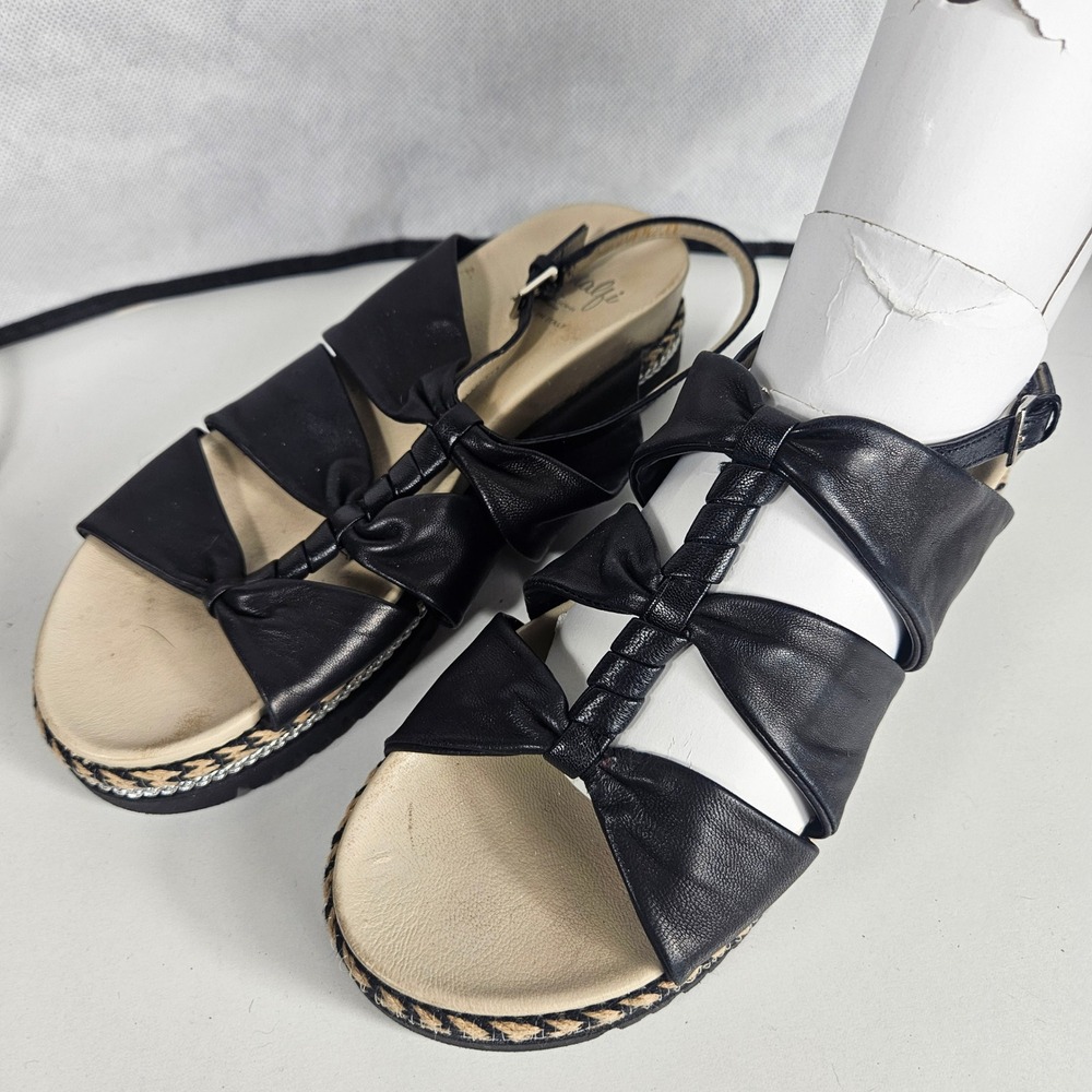 Amalfi by Rangoni Firenze Women 7.5 Black Leather Bow Platform Slingback Sandals